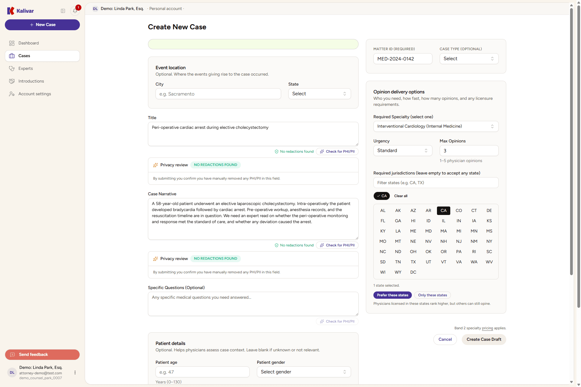The Kalivar case creation form: event location, title, and the case narrative on the left, and the opinion delivery options on the right — the required specialty picker, urgency, max opinions, and the required jurisdictions with the Prefer / Only control.