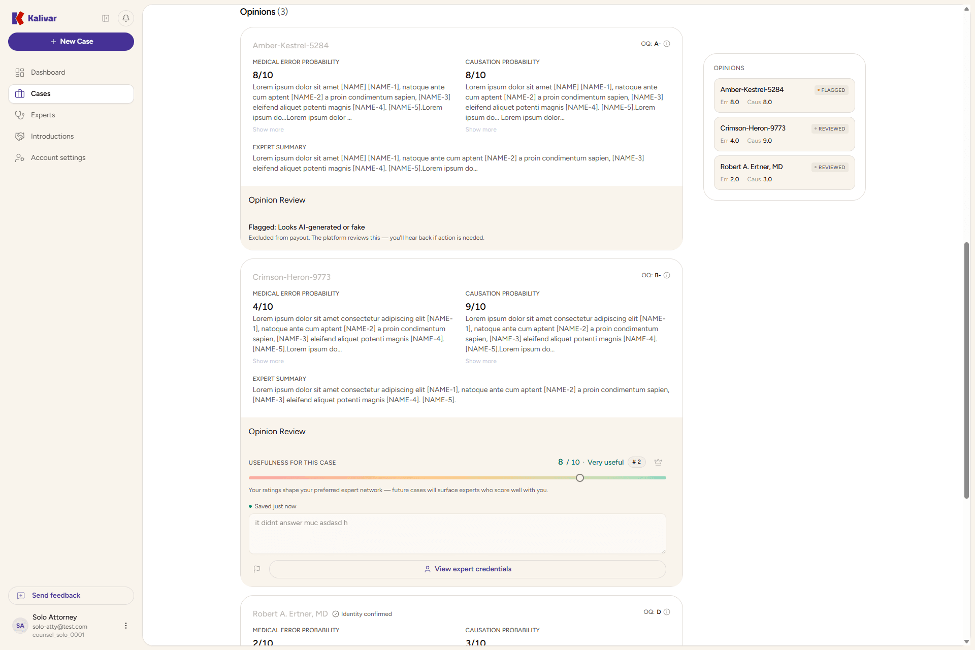 The opinions section of a case, with each opinion card showing its Opinion Quality grade (A-, B-), the Medical Error and Causation probability scores, and the opinions sidebar listing each expert with their Err/Caus scores and review status.