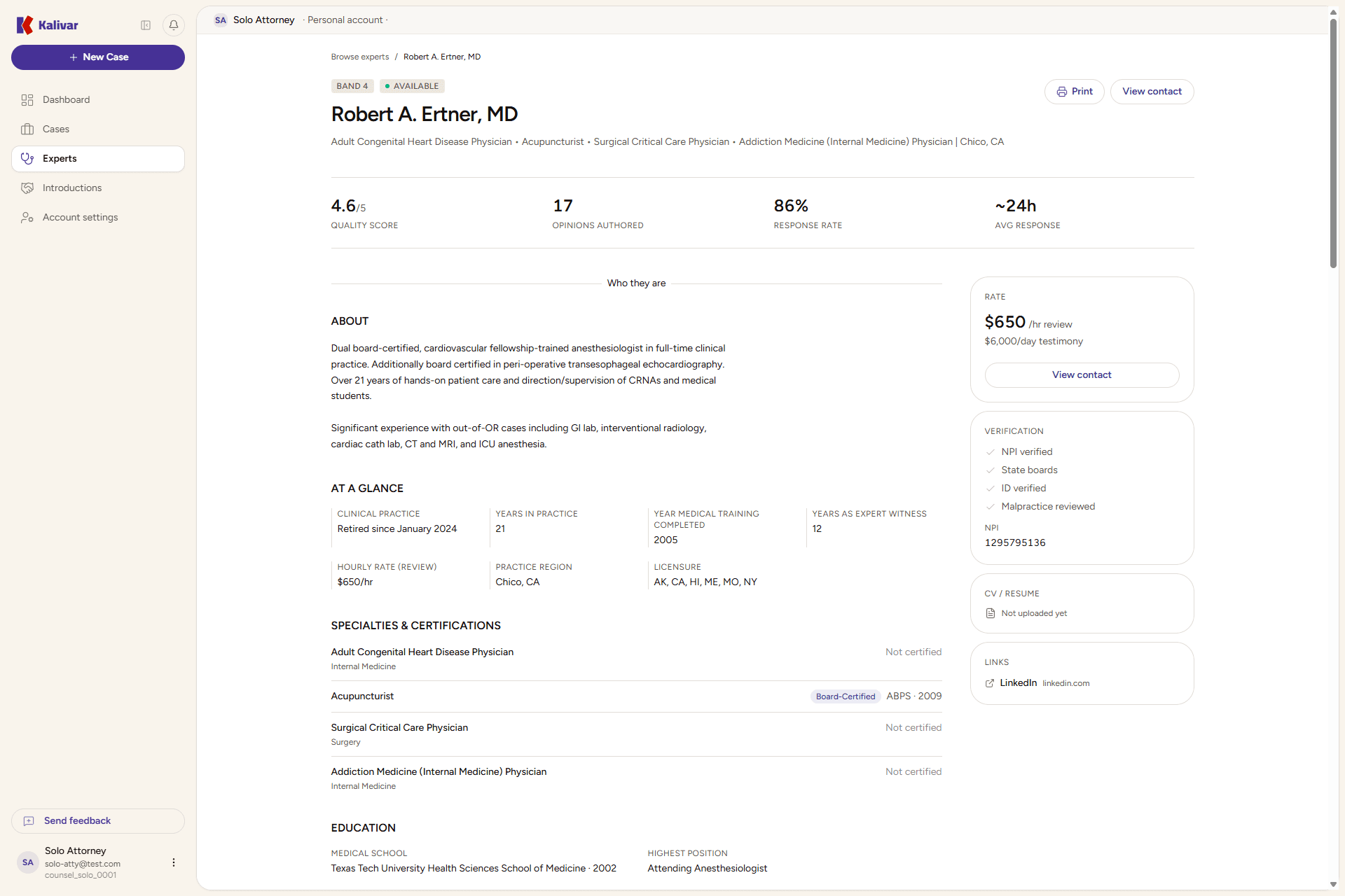 An expert's profile as an attorney sees it: quality score, opinions authored, response rate, published rate card, and verification badges, with the name shown only because this introduction was already accepted.