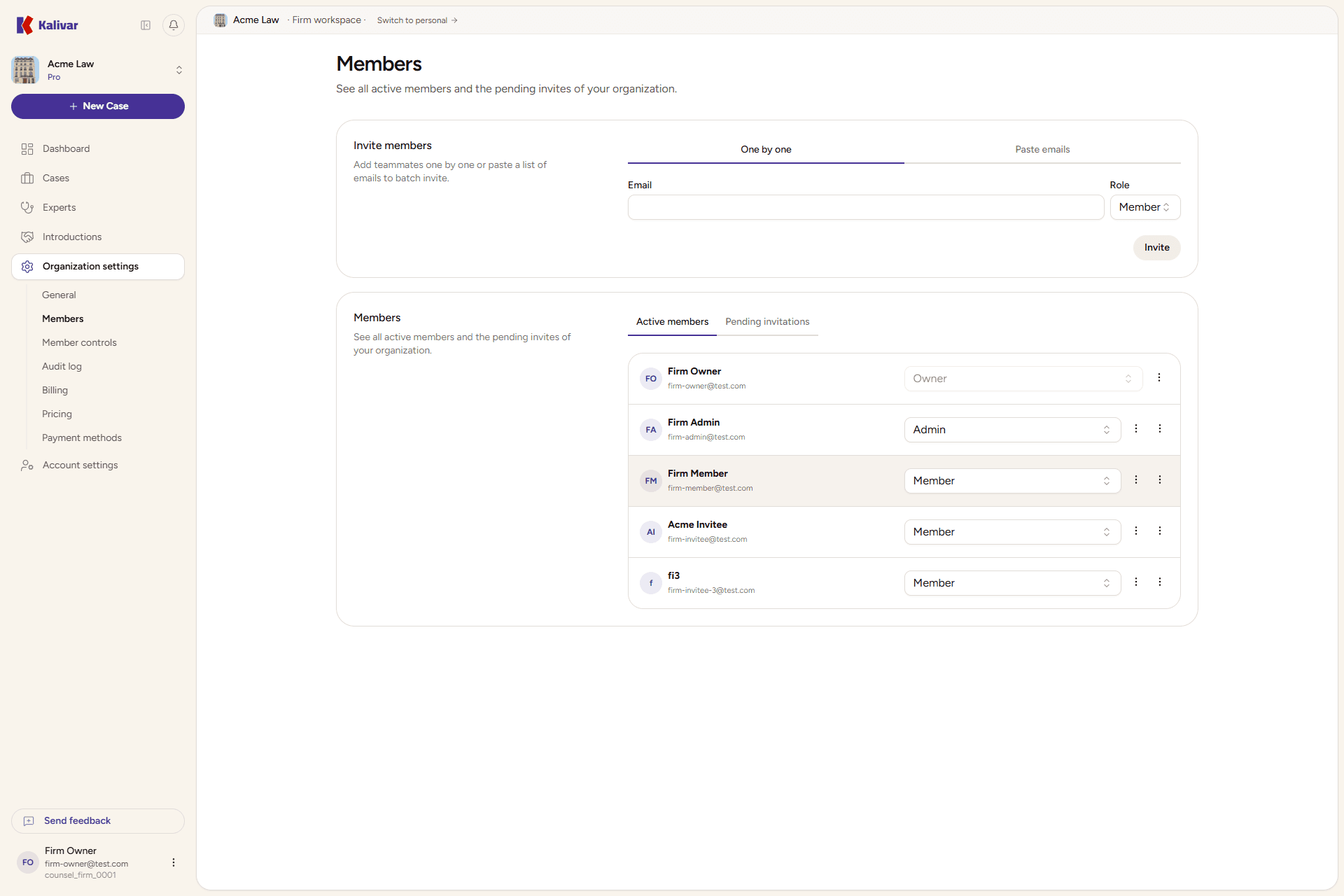 The firm Members page, with the invite form (one-by-one and paste-emails tabs) above the roster of active members and their owner / admin / member roles.