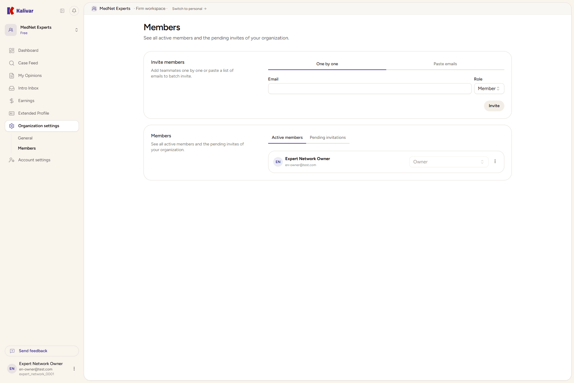 The expert-network Members page, with the invite form and the roster of affiliated experts.