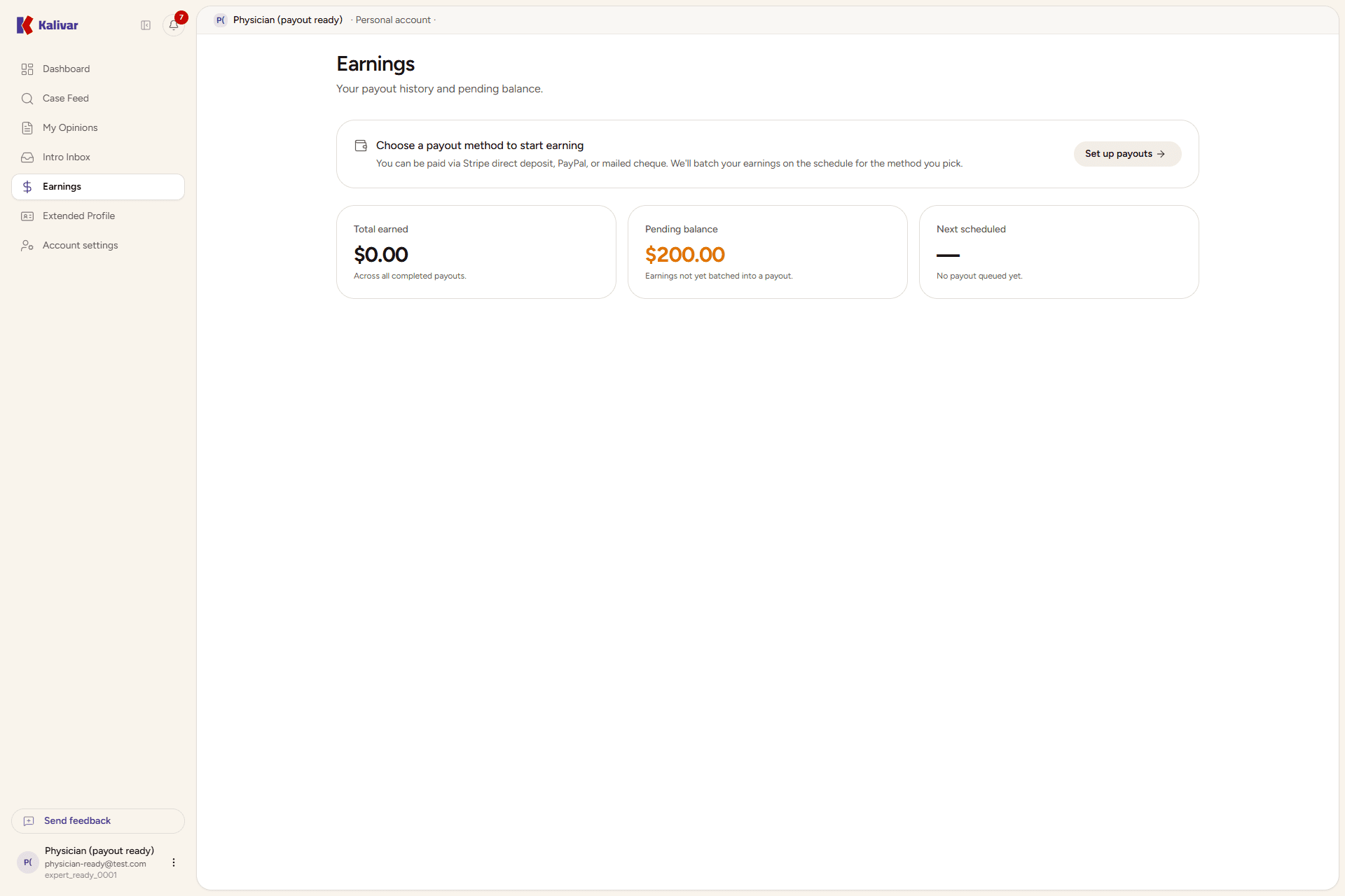 The expert Earnings page, showing the payout-method setup prompt and the Total earned, Pending balance, and Next scheduled summary cards.