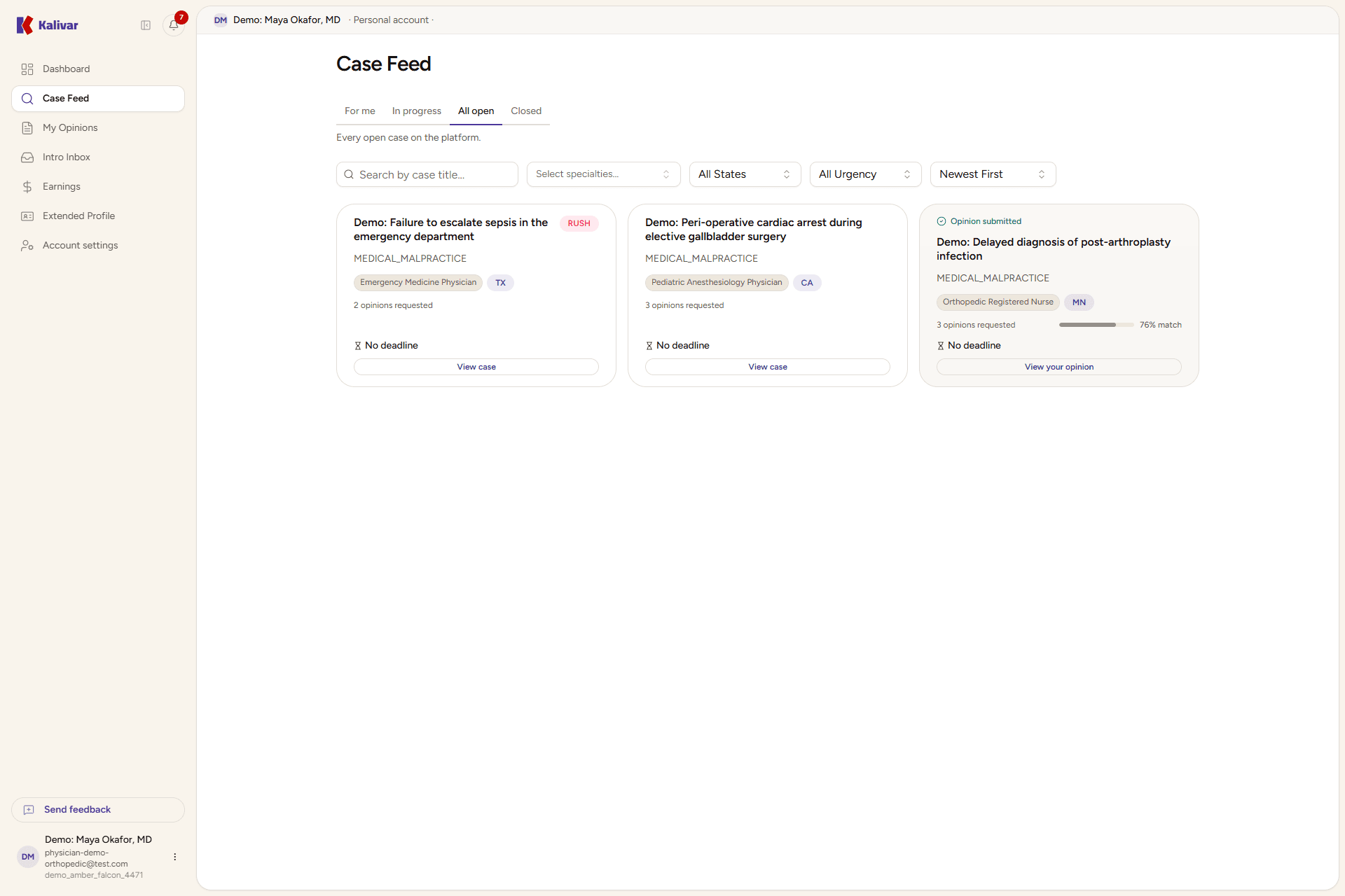 The expert Case Feed, with matched cases shown as cards listing the case title, specialty, jurisdiction, urgency, and your match score.