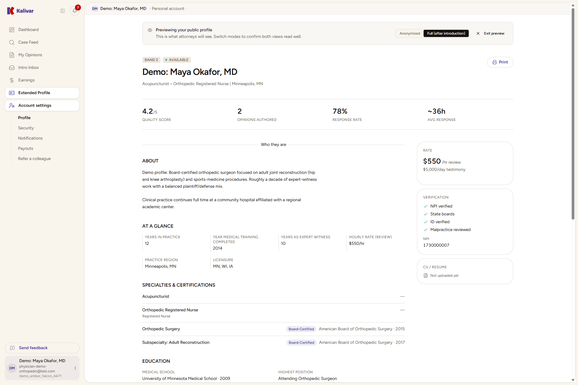 The expert profile preview, showing the "Previewing your public profile" banner, quality and response stats, rate, specialties and certifications, education, and fee schedule as an attorney would read them.